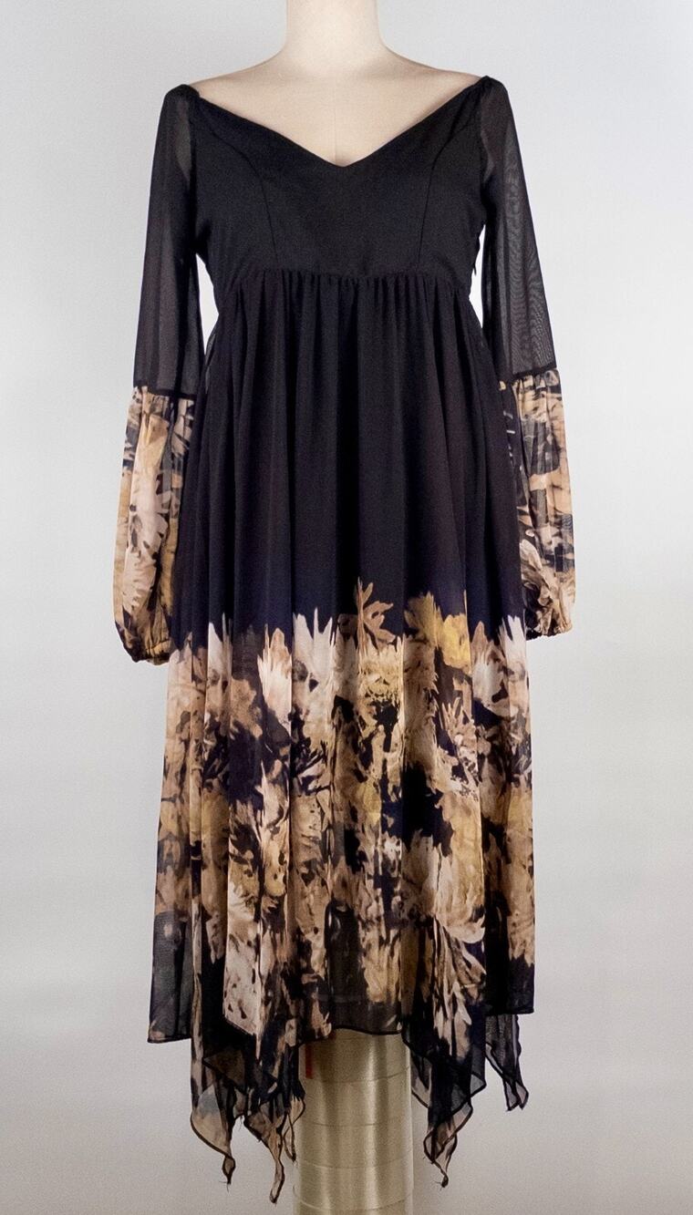 Black Gold Floral Dress Handkerchief Hem SMALL Boho Festival Whimsigoth Peasant